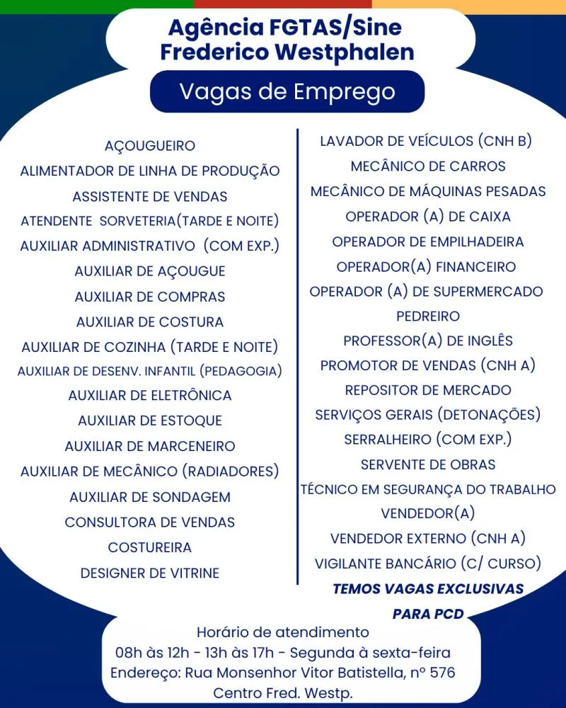 Vagas no Sine de Frederico Westphalen